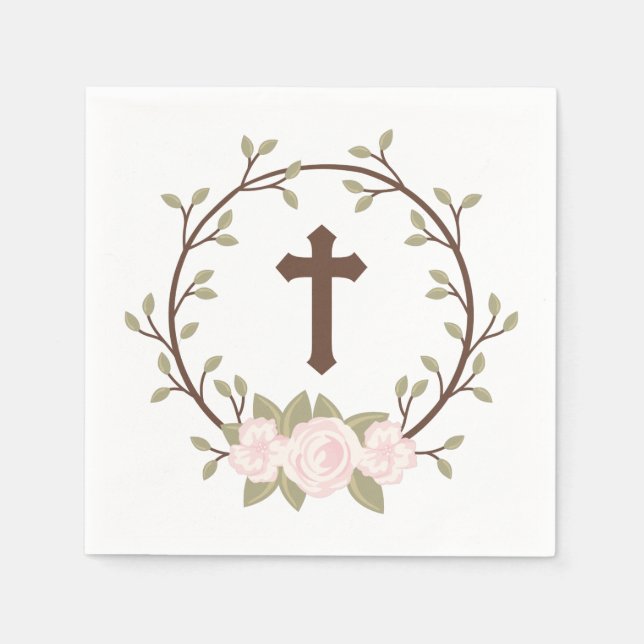 Serviette En Papier Croix de germe rose Baptême Christening (Devant)
