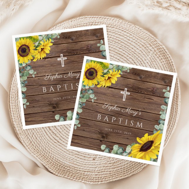 Serviette En Papier Croix de tournesol floral rustique Baptême (Rustic Floral Sunflower Cross Baptism Napkins)