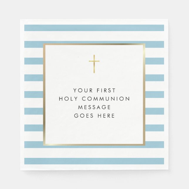Serviette En Papier Croix d'or bleu Stripe Message de communion (Devant)