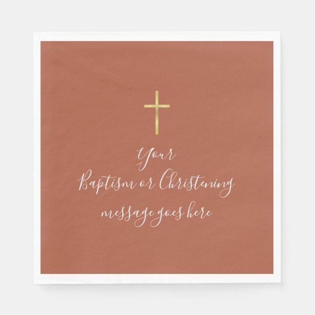 Serviette En Papier Croix d'or simple Baptême Christening Terracotta (Devant)