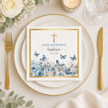 Croix dorée élégante Baptême floral bleu