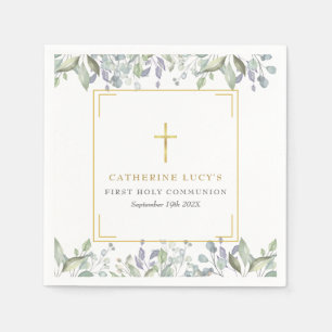 Serviette En Papier Croix dorée Fleurie Première Sainte Communion