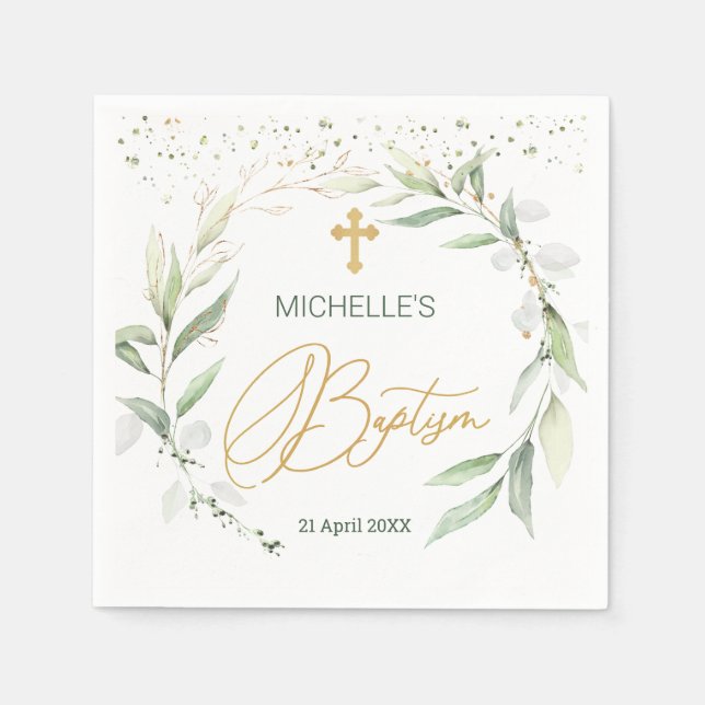 Serviette En Papier Croix du feuillage vert Baptême (Devant)