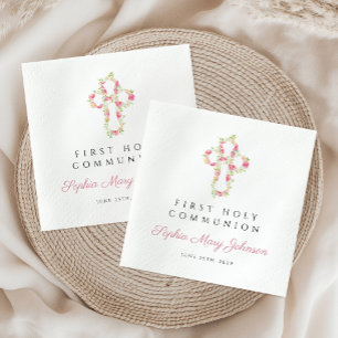 Serviette En Papier Croix florale rose élégante Première communion