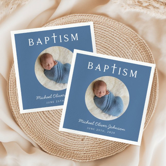 Serviette En Papier Croix Religieuse Bleue Moderne Photo Baptême (Modern Blue Religious Cross Photo Baptism Napkins)
