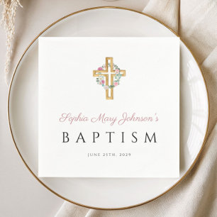 Serviette En Papier Croix Religieuse Élégante Baptême Floral Rose