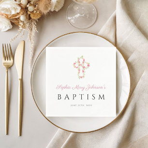 Serviette En Papier Croix Religieuse Élégante Baptême Floral Rose
