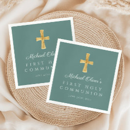 Serviette En Papier Croix Religieuse Garçon Vert Première Communion Sa