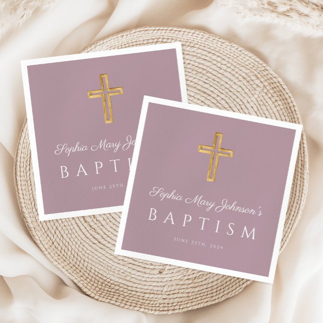 Serviette En Papier Croix religieuse moderne Purple Girl Baptism (Modern Religious Cross Purple Girl Baptism Napkins)