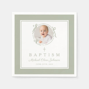 Serviette En Papier Croix Religieuse Vert Sauge Moderne Baptême Garçon