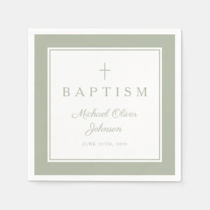 Serviette En Papier Croix Religieuse Vert Sauge Moderne Garçon Baptême