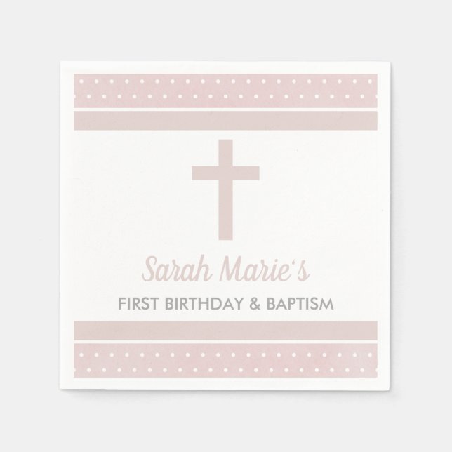 Serviette En Papier Croix rose Bébé fille premier anniversaire Baptême (Devant)