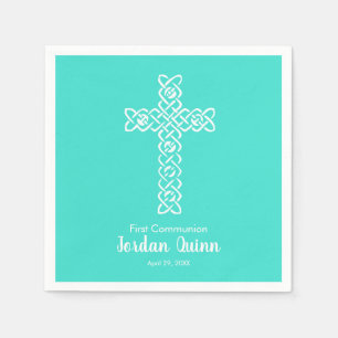 Serviette En Papier Croix   Turquoise Communion Baptême Christening