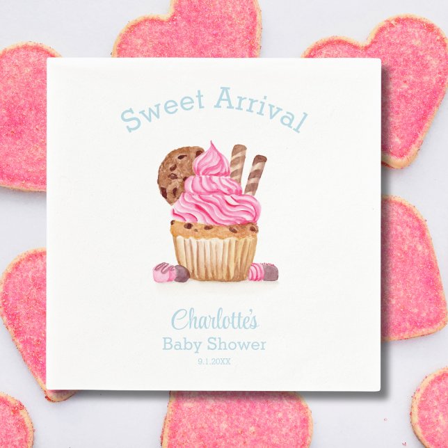 Serviette En Papier Cupcake Rose Aquarelle Au Baby shower Chocolé (Créateur téléchargé)