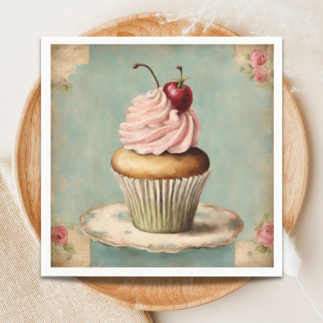 Serviette En Papier Cupcake rose vintage Anniversaire Tea Party (Vintage French Pink Cupcake Birthday Tea Party Napkins)
