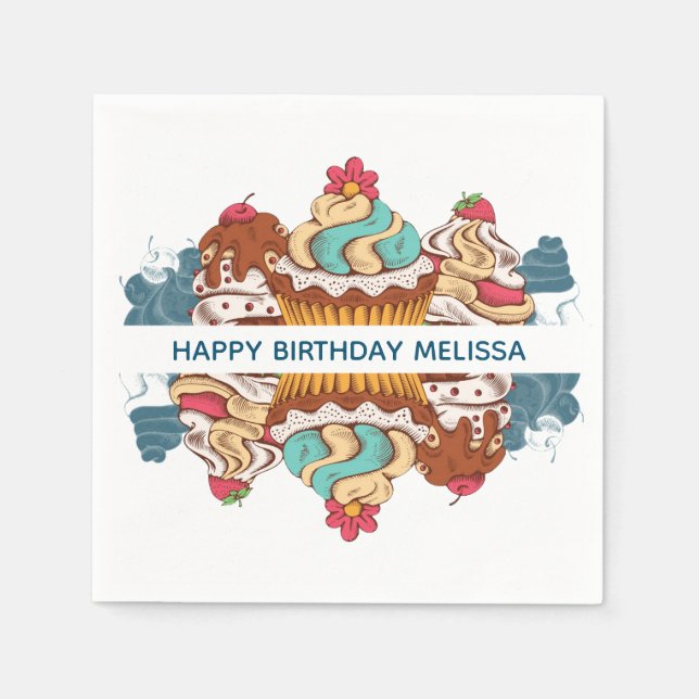 Serviette En Papier Cupcakes de style rétro Sweet Dessert Anniversaire (Devant)