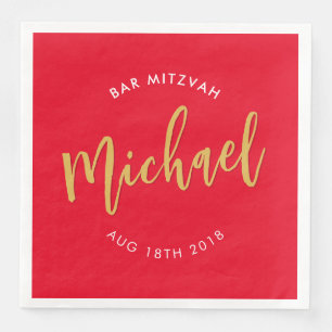Serviette En Papier CUSTOM Bar Mitzvah déjeuner or rouge calligraphie