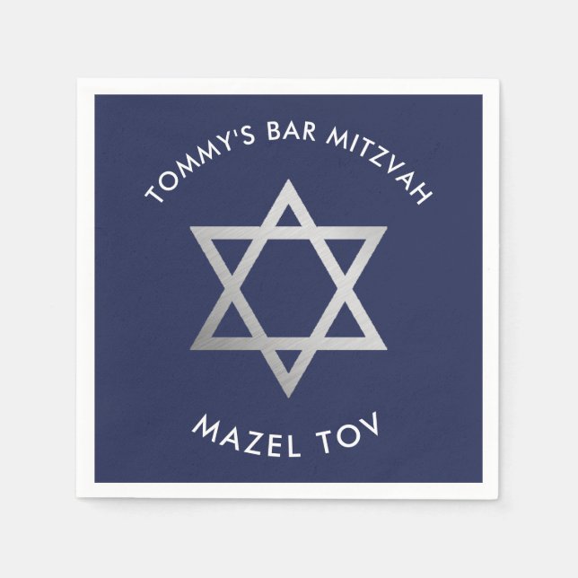 Serviette En Papier CUSTOM Bar Mitzvah mazel tov étoile marine + argen (Devant)