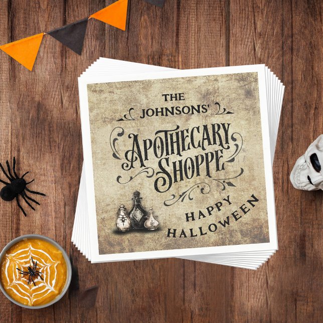 Serviette En Papier Custom Happy Halloween  (Happy Halloween Paper Napkin with Custom Family Name and Apothecary Shoppe design)
