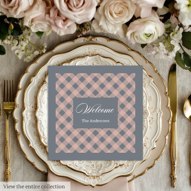 Serviette En Papier Custom Name Napkins Coral Grey Plaid Elegant (Custom Name Napkins Coral Grey Plaid Elegant)