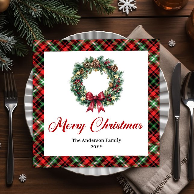 Serviette En Papier Custom Name Pine Wreath Christmas Napkin Design (Custom Name Pine Wreath Christmas Napkin Design)