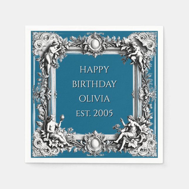 Serviette En Papier Custom Victorian Scroll Frame Napkin – dark blue (Devant)