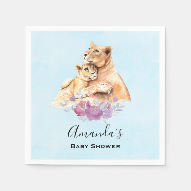 Serviette En Papier Cute Aquarelle Mère Lion & Baby shower Cub (Devant)
