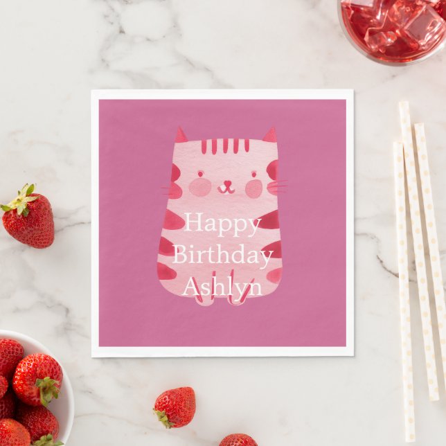 Serviette En Papier Cute Blanc Rose Chat Anniversaire Personnalisé (En situation)
