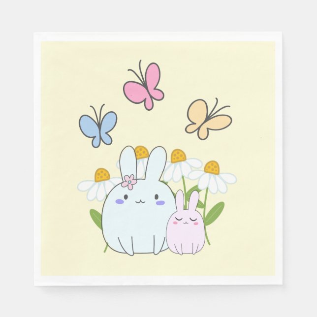Serviette En Papier Cute Bunnies avec marguerites de printemps et papi (Devant)