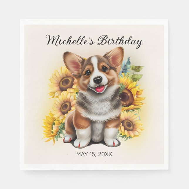 Serviette En Papier Cute Corgi Chien Tournesols Anniversaire (Devant)