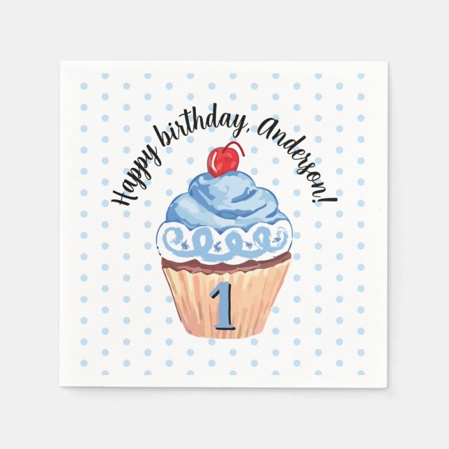 Serviette En Papier Cute Cupcake Boy Blue Bonne 1ère fête d'anniversai (Devant)