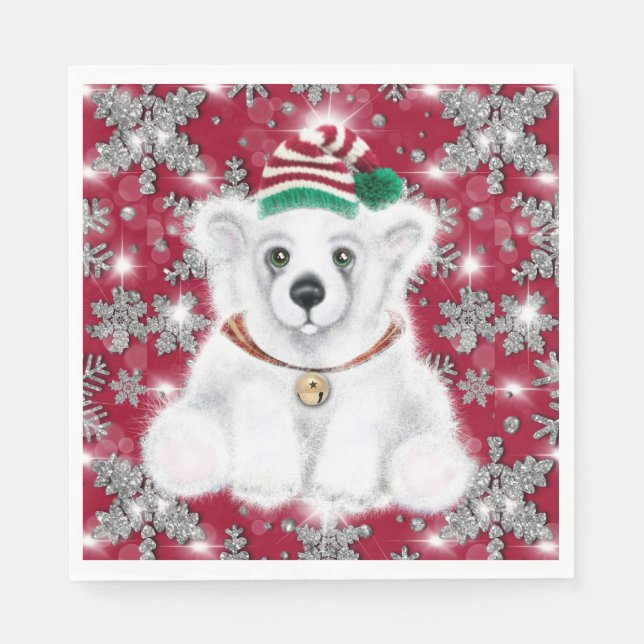Serviette En Papier Cute festive holiday Polar bear glitter snowflakes (Devant)