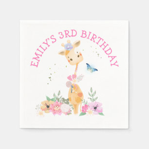 Serviette En Papier Cute Giraffe Fleurs roses Filles 3e fête d'anniver