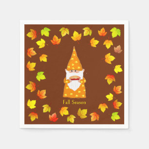 Serviette En Papier Cute Gnome & Feuilles d'automne colorées sur Brun