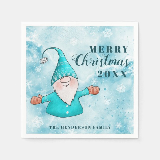 Serviette En Papier Cute Gnome Turquoise Bleu Côte Joyeux Noël (Devant)