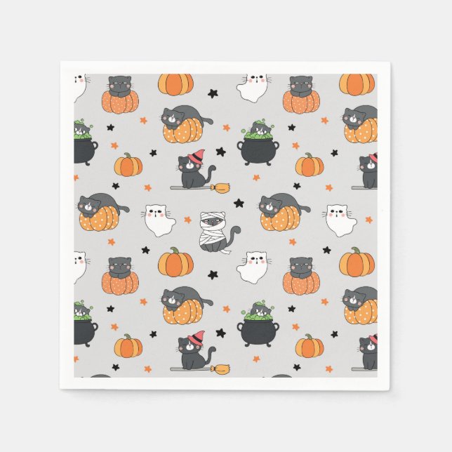 Serviette En Papier Cute Halloween Chats et Fantômes Motif (Devant)