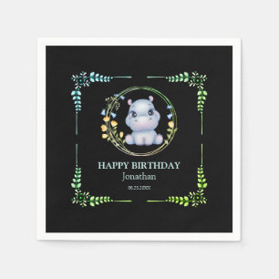 Serviette En Papier Cute Hippopotamus Fleur Wreath Anniversaire Noir