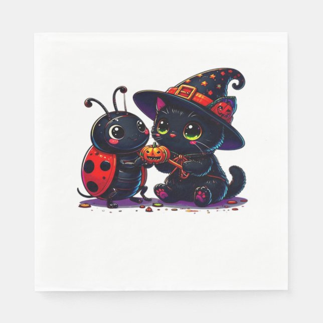 Serviette En Papier Cute Ladybug et chat noir Halloween classique T-Sh (Devant)
