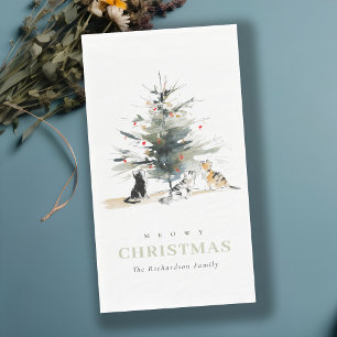 Serviette En Papier Cute Moderne Aquarelle Meowy Arbre de Noël Chats