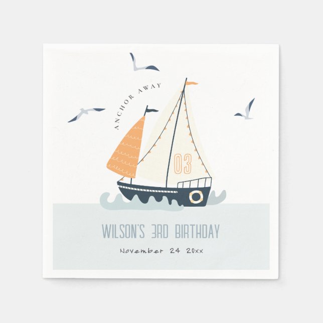 Serviette En Papier Cute Nautical Blue Sailboat Pastel Anniversaire de (Devant)