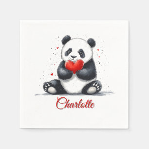 Serviette En Papier Cute Panda Holding Heart avec nom personnalisable