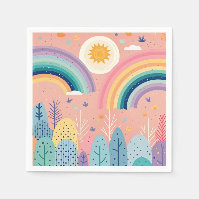 Serviette En Papier Cute Pastel Boho Rainbow & Sun Above Forest (Devant)