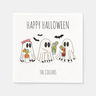 Serviette En Papier Cute Retro Ghost et Cocktails Halloween heureux