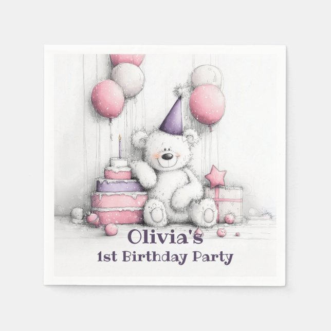 Serviette En Papier Cute rose Teddy Bear 1ère fête d'anniversaire (Devant)
