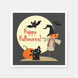 Serviette En Papier Cute Scarecrow & Kitty Halloween Papier Napkins