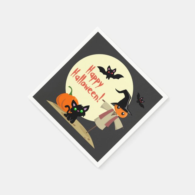 Serviette En Papier Cute Scarecrow & Kitty Halloween Papier Napkins (Coin)