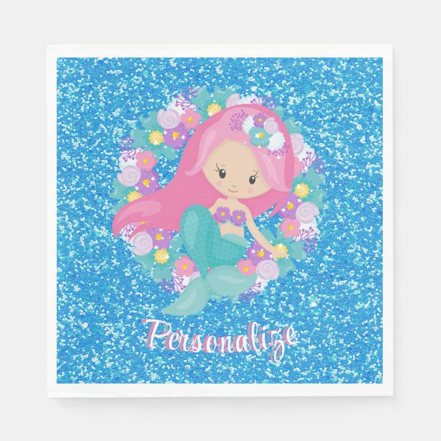 Serviette En Papier Cute sirène rose Parties scintillant bleue Personn (Devant)