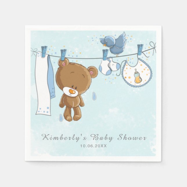 Serviette En Papier Cute Teddy Bear Baby shower en tissu bleu (Devant)