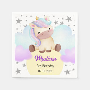 Serviette En Papier Cute Unicorn et Silver Stars Anniversaire