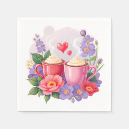Serviette En Papier Cute Valentine Cocoa Mugs with Flowers & Hearts